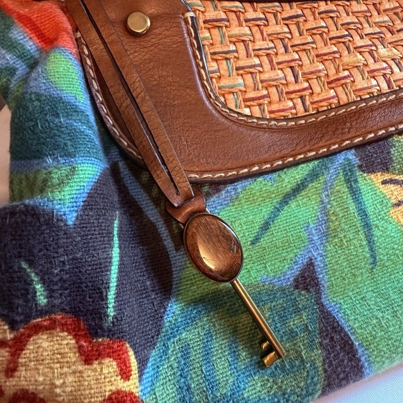 Fossil Floral Tropical Multi Color Bag Purse Leather Strap Raffia Shoulder Bag - Picture 4 of 16